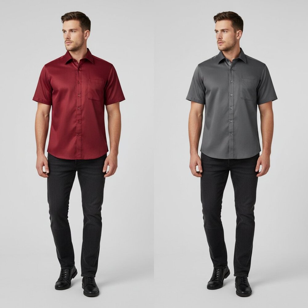FLEX Men's Short Sleeve Button Down Shirts Pack of 2‎ Red & Grey Size L Casual